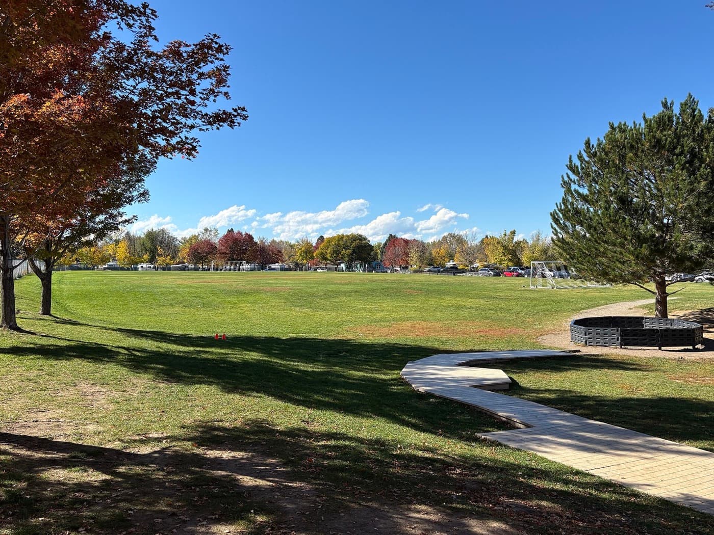 Open football field with soccer goals and a surrounding track.